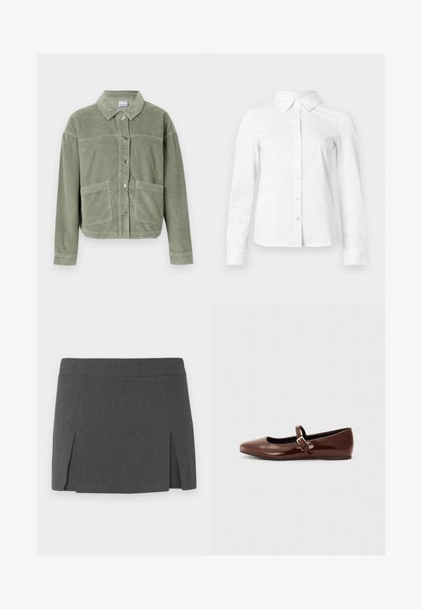 Veste en velours côtelé vert clair avec des manches longues, fermeture à boutons, deux grandes poches avant et un col classique sur fond uni.; Chemise blanche à manches longues avec boutons, col pointu, ourlet droit et silhouette ajustée, présentée sur un fond clair uni.; Mini jupe grise avec une texture lisse, dotée d'une taille plate et de deux fentes sur le devant pour un détail supplémentaire. Design décontracté.; Ballerine en cuir verni marron avec un bout carré et une lanière ornée d'une petite boucle dorée. Texture lisse, talon bas et design minimaliste.
