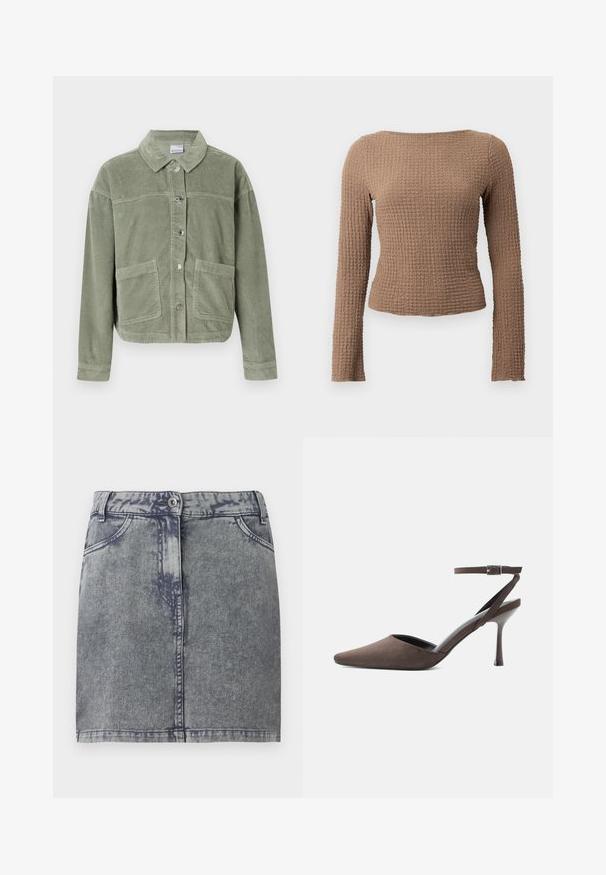 Lichtgroene corduroy jas met lange mouwen, knopenfront, twee grote voorzakken en een klassieke kraag op een effen achtergrond.; Bruine, gestructureerde, aansluitende top met lange mouwen, een bootnek en een subtiel wafelbreipatroon.; Grijze denim minirok met een vervaagde wassing, voorzien van voorzakken, een knoopsluiting en een rechte zoom. Gestoffeerde stof.; Bruine suède hoge hakken met spits toelopende neus, dunne enkelriem en zilveren gesp op een witte achtergrond.