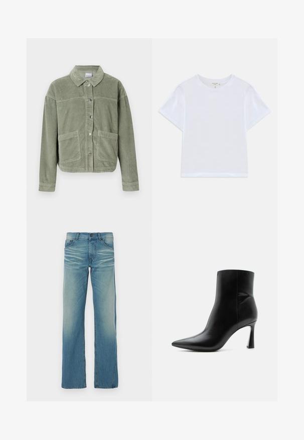 Chaqueta de pana verde claro con mangas largas, cierre de botones, dos grandes bolsillos frontales y un cuello clásico sobre un fondo liso.; Camiseta blanca corta hecha de algodón suave, con un cuello redondo y mangas cortas, y un corte ligeramente holgado. Sin patrones ni acentos.; Pantalones vaqueros de mezclilla azul claro con corte recto, lavado desgastado, cinco bolsillos y cierre de botón. Costuras visibles como acentos.; Botín de cuero negro con punta puntiaguda y tacón stiletto alto y delgado, mostrado de perfil sobre un fondo blanco.