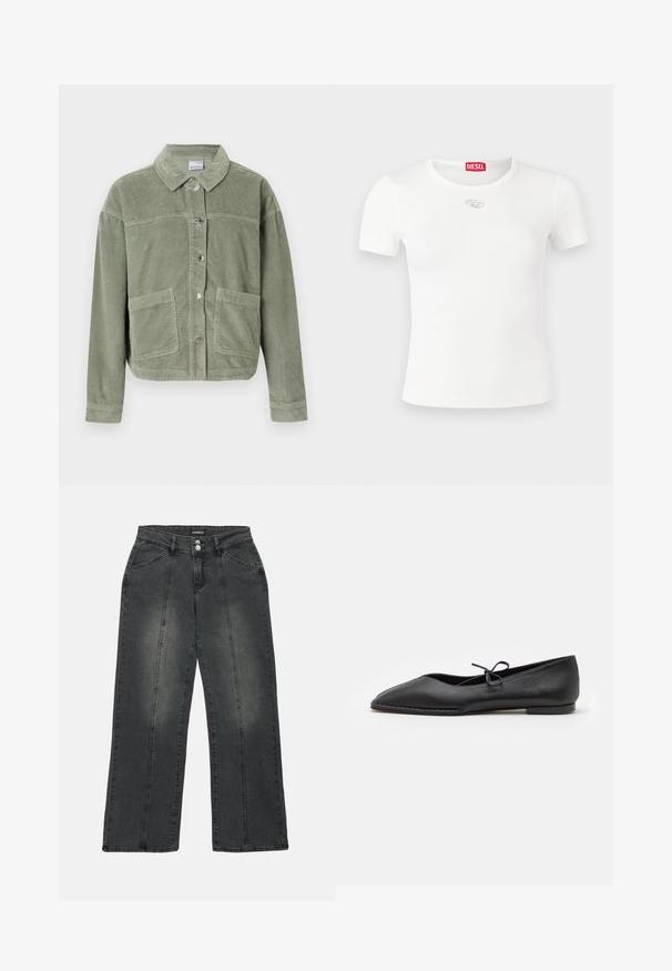 Veste en velours côtelé vert clair avec des manches longues, fermeture à boutons, deux grandes poches avant et un col classique sur fond uni.; T-shirt blanc à manches courtes en tissu côtelé, avec un col rond et un accent logo argenté sur la poitrine.; Jean large en denim gris foncé, avec une taille haute, deux poches avant, des coutures centrales et un léger dégradé sur le tissu.; ALOHAS SWAY - Ballerines - black