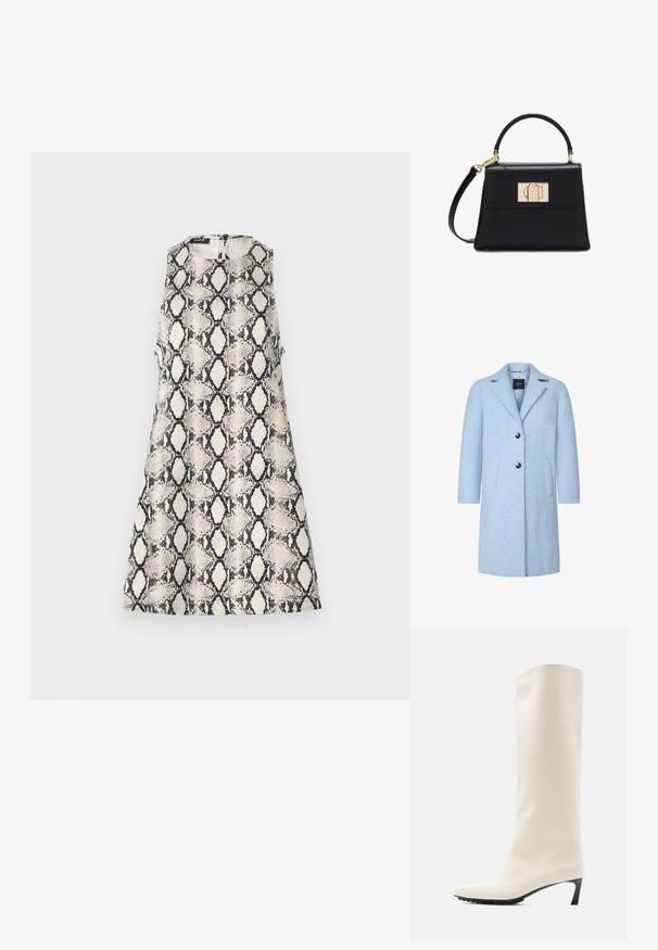 Manteau bleu clair en mélange de laine avec une surface texturée, col à revers, deux poches avant et deux boutons noirs pour la fermeture.; Une robe sans manches avec un motif de serpent beige et noir, un col rond et une fermeture éclair dans le dos.; Botte blanche hauteur genou en matériau lisse avec un bout pointu et un talon noir fin. Présente un design épuré et un marquage minimal.; Sac à main en cuir noir avec une poignée supérieure, une bandoulière amovible et un fermoir rectangulaire doré sur le rabat avant.