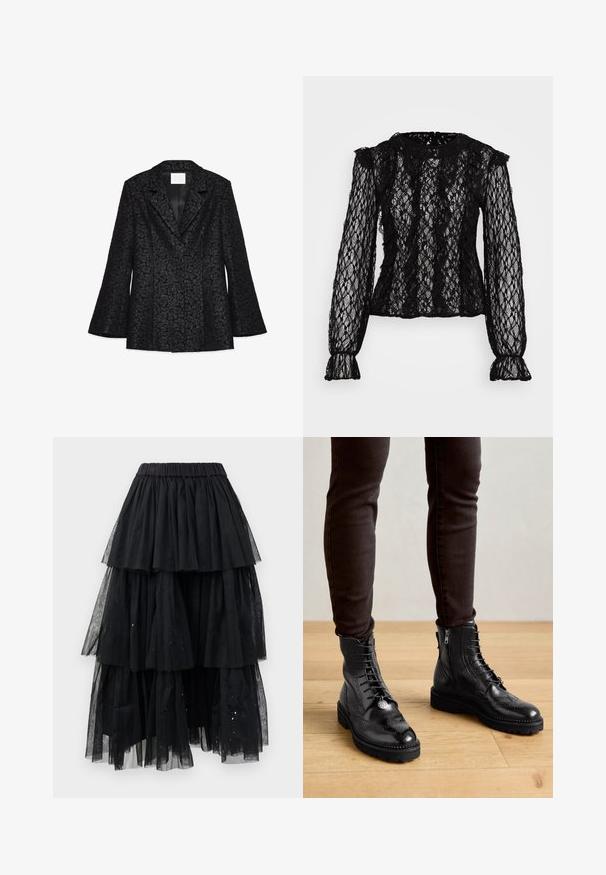 Sort blazer med blomstermønster, spidse klapper, lange, flagrende ærmer og en glat indvendig foret. Har en skræddersyet pasform og en struktureret form.; Sort blonderet langærmet top med en tætsiddende pasform, flæsedetaljer ved skuldrene og manchetterne, samt et struktureret blomster-mønster overalt.; Lagd af lagdelt sort tyl, denne nederdel har en elastisk talje og et kaskade-design med varierende længder og let glitrende accenter.; Sorte læder ankelstøvler med brogue-detaljer, snørebånd foran, sideskafter og teksturerede gummisåler. Matchet med mørke slim-fit bukser.