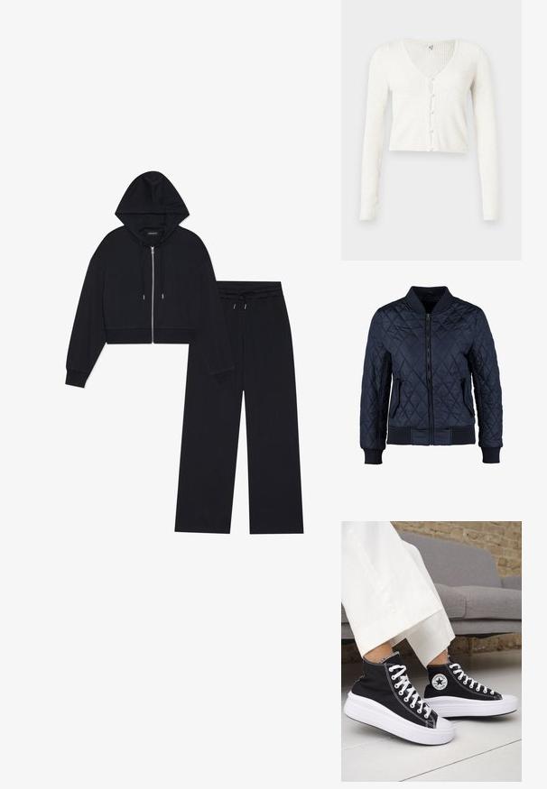 Marineblauwe gewatteerde bomberjack met een ritssluiting aan de voorkant, ribgebreide manchetten en zoom, twee zijzakken en een ruitpatroon op de stof.; Zwarte cropped hoodie met rits, verstelbare trekkoorden en bijpassende wijde broeken. Zacht materiaal met geribde manchetten en tailleband.; Witte geribbelde cardigan met een V-hals, voorzien van een cropped zoom en zes parelachtige knopen aan de voorkant. Lange, getailleerde mouwen.; Zwarte hoge sneakers met witte rubberen zolen en veters. Voorzien van een ronde logo patch en contrasterende witte stiksels. Gemaakt van canvas.