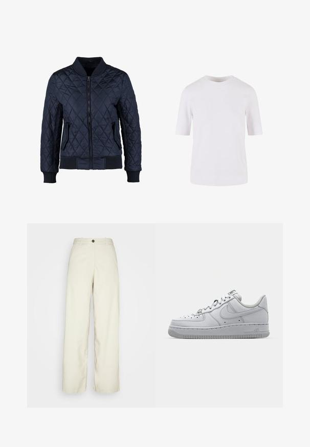 Chaqueta bomber acolchada en azul marino con cierre de cremallera en el frente, puños y dobladillo acanalados, dos bolsillos laterales y un patrón de rombos en la tela.; Camiseta blanca de mangas cortas hecha de algodón suave. Presenta un escote redondo y un corte recto, sin patrones ni adornos.; Weekday ELIO - Pantalones - beige dusty light; Zapatilla de cuero blanca con diseño de bajo corte, punta redonda, detalles perforados y suela de goma texturizada. Presenta acentos grises en la lengüeta.
