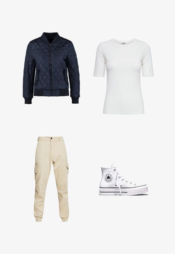 Chaqueta bomber acolchada en azul marino con cierre de cremallera en el frente, puños y dobladillo acanalados, dos bolsillos laterales y un patrón de rombos en la tela.; Camiseta blanca ajustada de cuello redondo y manga corta, con textura suave y sin patrones ni logotipos visibles.; Pantalones cargo beige con un corte clásico, que cuentan con dos bolsillos laterales, puños elásticos y una suave tela de algodón con una textura lisa.; Zapatilla Converse Chuck Taylor All Star blanca de caña alta con rayas negras y parche de logo en el lateral, mostrada sobre un fondo blanco liso.