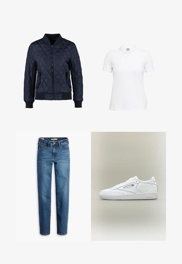 Veste bomber matelassée bleue marine avec fermeture éclair à l'avant, poignets et ourlet côtelés, deux poches latérales et un motif en losanges sur le tissu.; Polo blanc à manches courtes en coton texturé. Doté d'un col classique et d'une patte à trois boutons. Coupe décontractée avec un ourlet droit.; Jean en denim d'une teinte bleu moyen, doté d'une coupe droite, de cinq poches et d'une fermeture éclair avec bouton.; Baskets basses blanches Reebok avec détails de couture, perforations près des orteils et logo Reebok avec un petit Union Jack sur le côté.
