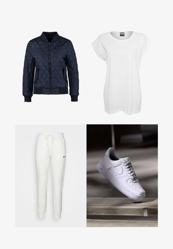 Chaqueta bomber acolchada en azul marino con cierre de cremallera en el frente, puños y dobladillo acanalados, dos bolsillos laterales y un patrón de rombos en la tela.; Camiseta blanca de manga corta hecha de algodón, con un corte relajado, cuello ancho y un diseño minimalista sin patrones ni adornos.; Pantalones de chándal blancos de algodón con una cinturilla elástica, cordón ajustable y logo negro de Nike en el lado izquierdo. Puños ajustados en los tobillos.; Zapatilla Nike Air Force 1 blanca levitando sobre una superficie de hormigón con sombras en un entorno minimalista.