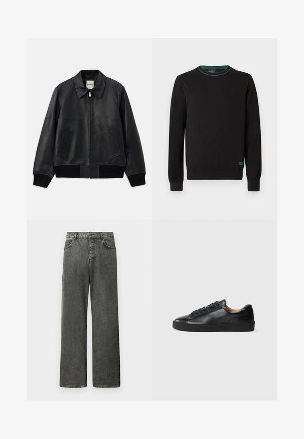 Veste en cuir noir de type bomber avec un col, fermeture éclair à l'avant et deux poches latérales. Comprend des poignets et un ourlet côtelés pour un look ajusté.; Pull noir à col rond, manches longues, avec un accent vert au niveau du col. Présente un petit logo "PS" bleu en bas à gauche. Texture lisse.; Jeans en denim noir à jambes larges avec poches avant et arrière, passants de ceinture et fermeture bouton à la taille.; Baskets en cuir noir avec une texture lisse, bout rond et fermeture à lacets. Comprend une semelle en caoutchouc épaisse et un minimum de détails de marque.