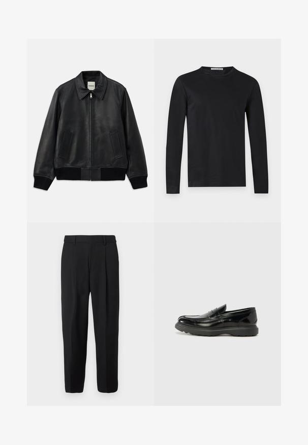 Veste en cuir noir de type bomber avec un col, fermeture éclair à l'avant et deux poches latérales. Comprend des poignets et un ourlet côtelés pour un look ajusté.; T-shirt noir à manches longues, col rond, coupe ajustée et petite étiquette "Tiger of Sweden" à l'intérieur du col.; Pantalon noir à jambe droite, confectionné en tissu tissé, avec devant plat, passants pour ceinture et deux poches latérales.; Mocassin en cuir noir avec une finition brillante, bout arrondi, détails de couture subtils et semelle en caoutchouc épaisse pour la durabilité.