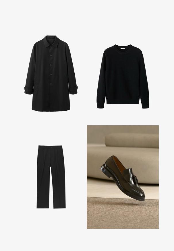 Manteau noir pour hommes à manches longues avec fermeture à boutons, col pointu, poches latérales et poignets boutonnés, présenté sur un fond blanc.; Pull noir en maille avec un col rond, des poignets et un ourlet côtelés. La texture présente un motif subtil, offrant une apparence confortable.; Pantalons noirs au design droit, fabriqués à partir d'un tissu lisse. Dotés de plis sur le devant et d'une fermeture à un bouton à la taille.; Mocassin en cuir noir avec pompons flottant au-dessus d'un tapis beige avec un canapé beige en arrière-plan.