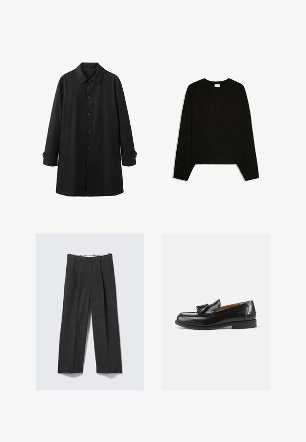 Manteau noir pour hommes à manches longues avec fermeture à boutons, col pointu, poches latérales et poignets boutonnés, présenté sur un fond blanc.; Pull noir à manches longues en maille avec poignets, ourlet et col rond côtelés, posé à plat sur fond blanc.; Pantalons larges, gris foncé, avec un motif à carreaux, confectionnés dans un tissu texturé. Dotés d'une fermeture à bouton et de deux poches latérales.; Mocassins en cuir noir avec un accent de gland, un bout arrondi et une finition lisse. La semelle est plate avec un motif de trottoir minimal.