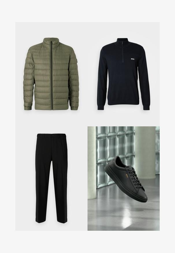 BOSS ODEN - Winterjas - open green; Marine pullover met een hoge kraag en een halve rits. Het materiaal is zacht met een gestructureerde afwerking. Heeft een klein wit "BOSS" logo op de borst.; Zwarte broek van gladde stof, met een rechte snit, twee voorzakken en een ritssluiting met knoopsluiting.; Zwarte lage leren sneaker met zwarte veters en gouden BOSS-logo aan de zijkant, zwevend boven glanzende grijze vloer in een moderne binnenruimte.