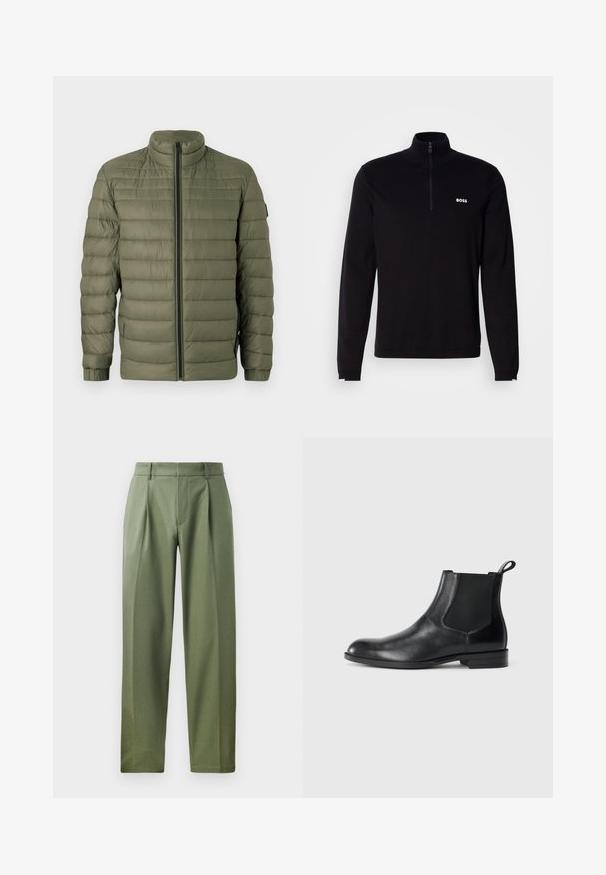 BOSS ODEN - Winterjas - open green; Zwarte pullover met lange mouwen en een halve ritssluiting bij de kraag, met een geribbelde structuur en een wit "BOSS"-logo op de borst. Zachte stofafwerking.; Aangepaste broeken van olijfgroen stof met een gladde textuur, voorzien van twee voorplooien, riemlussen en een rechte broekleg.; Zwarte leren enkelboot met elastische zijpanelen, ronde neus en een trekhaak. Gladde textuur, platte zool, minimalistisch ontwerp.