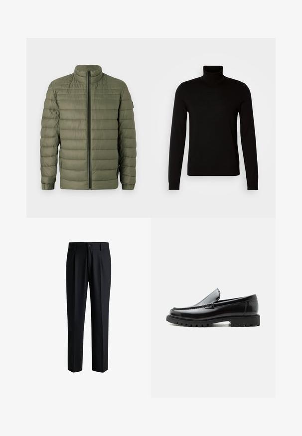 BOSS ODEN - Winterjas - open green; Zwarte coltrui van fijn gebreide stof, met lange mouwen en een getailleerde pasvorm. Gladde textuur met geribbelde manchetten.; Zwarte broek van gladde stof, met een rechte pijpdesign, plooien aan de voorkant en een knoopsluiting met riemlussen.; Zwarte leren loafer met dikke rubberen zool, gestikte bovenkant en gegraveerde merknaam op de hiel, zijaanzicht op witte achtergrond.