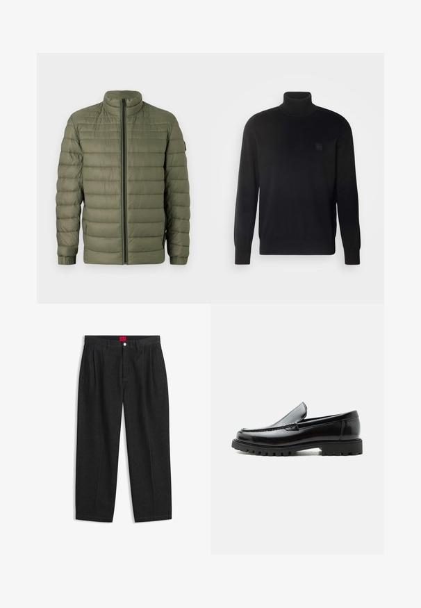 BOSS ODEN - Winterjas - open green; Zwarte coltrui met lange mouwen, geribbelde kraag en manchetten, gemaakt van een gladde stof. Bevat een klein logo-embleem op de borst.; Zwarte hoge taille broek met plooien aan de voorkant, ceintuurlussen, een knoop- en ritsluiting, en een rood label aan de binnenkant van de tailleband.; Zwarte leren loafer met dikke rubberen zool, gestikte bovenkant en gegraveerde merknaam op de hiel, zijaanzicht op witte achtergrond.