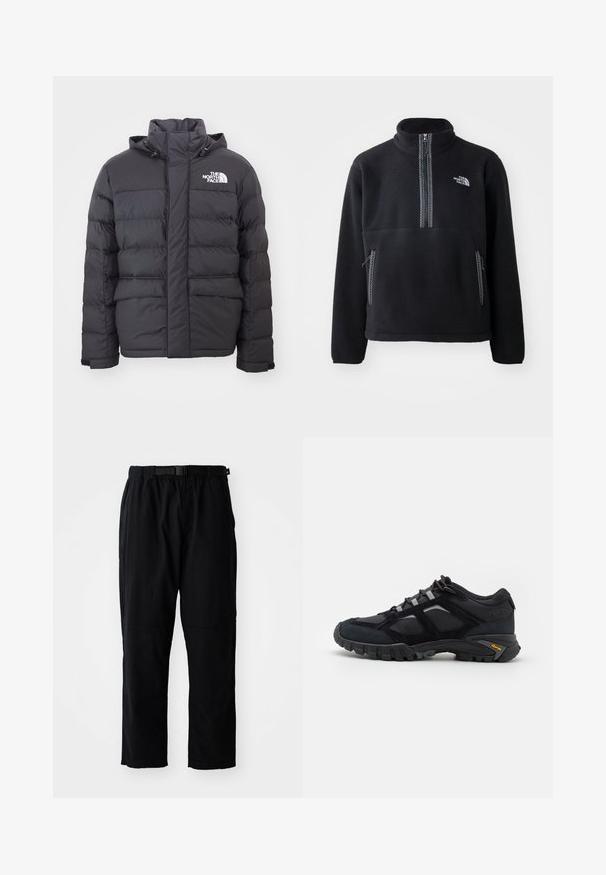 Zwarte gewatteerde jas met een hoge kraag en verstelbare capuchon, voorzien van het North Face-logo. Twee voorzakken met een gladde textuur.; Zwarte fleece half-zip pullover met hoge kraag, voorzien van een borstzak en twee zijzakken. Het ontwerp heeft een contrasterende ritsdetail.; Zwarte, lichtgewicht broek met een rechte snit, elastische tailleband, verstelbare riem en verstevigde kniepanden. Geen zichtbare patronen of accenten.; Zwarte buitenschoen van suede en mesh met een robuuste zool. Voorzien van grijze accenten en Vibram-logo op de zijkant. Vetersluiting.
