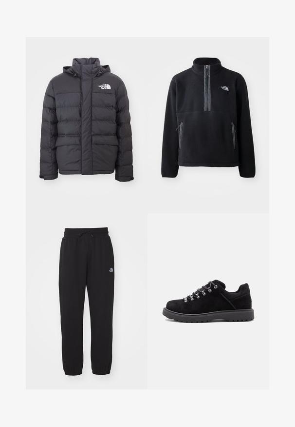 Veste rembourrée noire avec un col montant et une capuche ajustable, arborant le logo North Face. Deux poches avant avec une texture lisse.; Pull en polaire noir à col montant et demi-zip, doté d'une poche poitrine et de deux poches latérales. Le design comprend un détail de fermeture éclair contrastant.; Pantalons de survêtement noirs en tissu doux, dotés d'une taille élastique avec cordon de serrage, de chevilles resserrées et d'un petit logo sur la cuisse supérieure.; Chaussure de randonnée en daim noir avec semelle épaisse en caoutchouc et œillets métalliques, lacée avec des lacets gris sur fond blanc.
