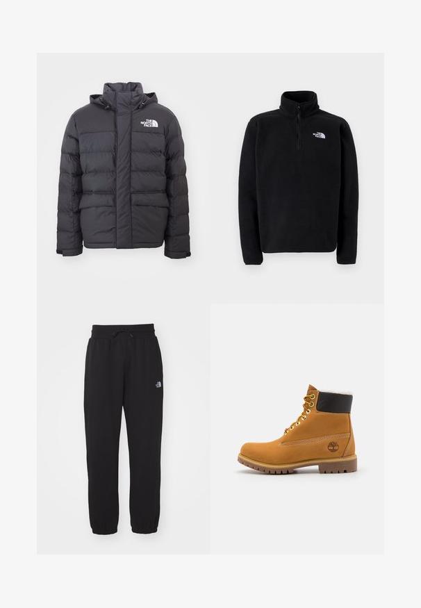 Zwarte gewatteerde jas met een hoge kraag en verstelbare capuchon, voorzien van het North Face-logo. Twee voorzakken met een gladde textuur.; The North Face SHISPARE ZIP - Fleece trui - black; Zwarte sweatpants van zachte stof, met een elastische tailleband en trekkoord, smalle boorden bij de enkels en een klein logo op de bovenkant van de bovenbeen.; Bruine leren enkellaars met metalen oogjes, witte faux bont voering, zwarte gewatteerde kraag, robuuste zool en een reliëflogo aan de zijkant.