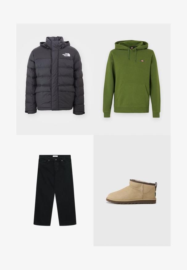 Mustaline polsterdatud jope, millel on kõrge krae ja reguleeritav kapuuts, ning millel on North Face'i logo. Kaks esistoorikut, millel on sile tekstuur.; Roheline kapuutsiga dressipluus pehmest kangast, millel on kängurutasku ja nööriga kapuuts. Rinnal väike logo.; Mustad laiad mustad teksased denimkangast, millel on ees nupp sulgemiseks, vööklipid ja taskud. Sile tekstuur, minimalistlik disain.; Beežid seemisnahast pahkluu-saapad ümarate varvastega, mille ülaosas on pruun detail. Pehme sisevooder ja tekstuuriga kummist tallad.