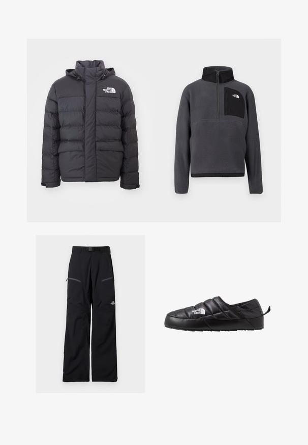 Zwarte gewatteerde jas met een hoge kraag en verstelbare capuchon, voorzien van het North Face-logo. Twee voorzakken met een gladde textuur.; Donkergrijze fleece trui met hoge kraag, halve ritssluiting aan de voorkant en een zwart ritssluiting borstzakje met wit logo aan de rechterkant.; Zwarte outdoorbroek met verstelbare riem, twee met rits afsluitbare dijbeenzakken en het The North Face-logo op het rechterbeen.; Zwarte instapschoen met een gequilt ontwerp, gemaakt van gevoerd materiaal. Heeft een gestructureerde rubberen zool en een klein trekkoord aan de achterkant.