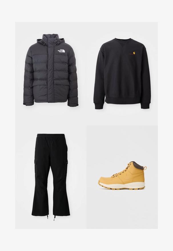 Mustaline polsterdatud jope, millel on kõrge krae ja reguleeritav kapuuts, ning millel on North Face'i logo. Kaks esistoorikut, millel on sile tekstuur.; Must must ümar kaelusega, pikad varrukad ja soonikuga mansetid. Vasakul rinnal on kollane ja punane logo. Pehme puuvillane materjal.; Mustade cargo püksid elastse vöökohtaga, küljetaskudega ja allosas tõmblukkudega laienevad jalad, esitatud valge tausta taustal.; Kollane nahast kõrge turvasaabas, millel on pehme pruuni kaelaosa, ümmargused paelad ja tekstureeritud kummist välistald, mis on loodud haarduvuse tagamiseks.