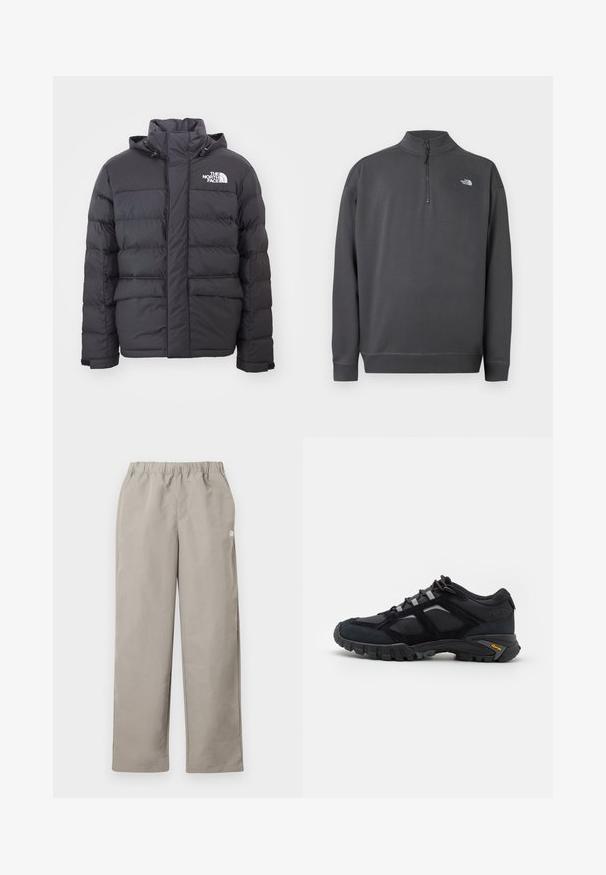 Zwarte gewatteerde jas met een hoge kraag en verstelbare capuchon, voorzien van het North Face-logo. Twee voorzakken met een gladde textuur.; Donkergrijze trui met lange mouwen, kwart ritssluiting en klein wit The North Face-logo op de linkerborst.; Beige rechte broek met elastische tailleband en een klein wit logo op het rechter zijnnaad.; Zwarte buitenschoen van suede en mesh met een robuuste zool. Voorzien van grijze accenten en Vibram-logo op de zijkant. Vetersluiting.