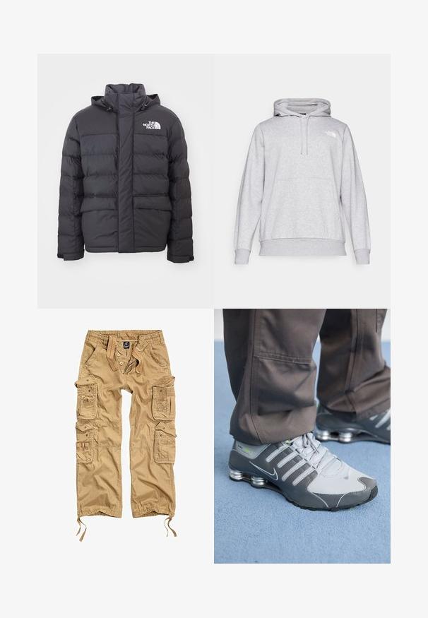 Zwarte gewatteerde jas met een hoge kraag en verstelbare capuchon, voorzien van het North Face-logo. Twee voorzakken met een gladde textuur.; Lichtgrijze hoodie van zacht materiaal, met een kangoeroezak, verstelbare trekkoord capuchon en een klein logo op de borst.; Olijfgroene cargobroek met meerdere zijzakken, knoopsluiting, elastische tailleband en verstelbare boorden. Gemaakt van duurzaam materiaal.; Grijze en zilveren Nike Shox sneakers hebben een strakke uitstraling, met een combinatie van mesh en synthetische materialen, een ronde neus en een gevoerde kraag.