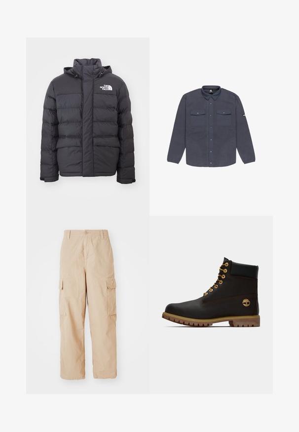 Čierna prešívaná bunda s vysokým golierom a nastaviteľnou kapucňou, so štítkom North Face. Dvoje predné vrecká s hladkým povrchom.; Fleece košeľa bunda v tmavošedej farbe, so stojacím golierom, zapínaním na patentky a dvoma náprsníkovými vreckami s hladkým textilným prebalom.; Beige cargo nohavice s pohodlným strihom, vyrobené z ľahkého materiálu, s dvoma bočnými cargo vreckami a gombíkovým zapínaním v páse.; Čierne kožené členkové topánky so zlatými očkami, hnedými akcentmi a gumovou podrážkou. Majú polstrovaný golier a embosované logo na boku.
