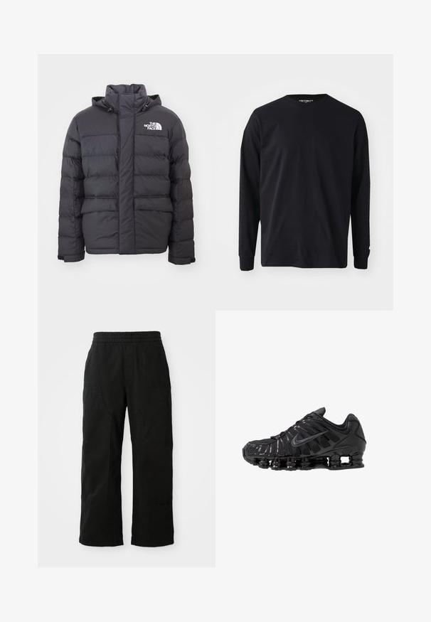 Veste rembourrée noire avec un col montant et une capuche ajustable, arborant le logo North Face. Deux poches avant avec une texture lisse.; T-shirt noir à manches longues en coton, avec un col rond et une coupe droite, présentant un petit logo sur la manche.; Pantalons en coton noir avec une taille élastique, un design à jambes larges et de grandes poches latérales. Le tissu semble doux avec une texture lisse.; Chaussures de sport noires en mesh et matériaux synthétiques, présentant un design ondulé distinct, une semelle en caoutchouc noire et des accents réfléchissants.