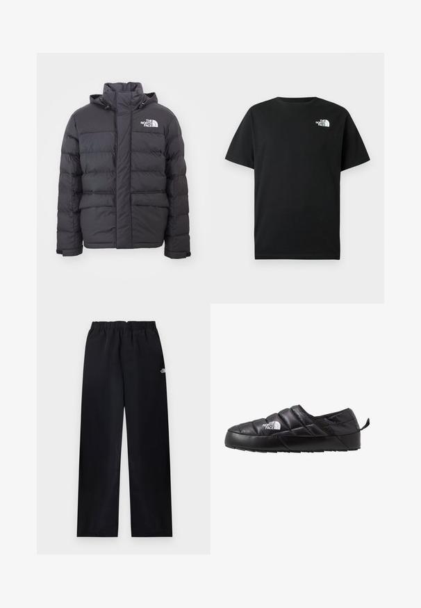 Čierna prešívaná bunda s vysokým golierom a nastaviteľnou kapucňou, so štítkom North Face. Dvoje predné vrecká s hladkým povrchom.; Čierne bavlnené tričko s krátkymi rukávmi, okrúhlym výstrihom a bielym logom na ľavej strane hrude. Jednoduchý, nenáročný dizajn.; Čierne nohavice s elastickým pásom a rovnými nohavicami, na pravej hornej stehne malé biele logo, zobrazené na svetlom pozadí.; Čierne voľné topánky so prešívaným dizajnom, vyrobené z polstrovaného materiálu. Majú textúrovanú gumovú podrážku a malý úchyt na zadnej strane.