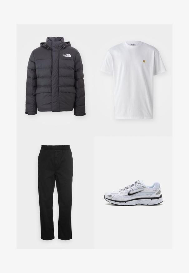 Zwarte gewatteerde jas met een hoge kraag en verstelbare capuchon, voorzien van het North Face-logo. Twee voorzakken met een gladde textuur.; Witte katoenen t-shirt met korte mouwen en ronde hals, voorzien van een klein gouden logo op de linkerkant van de borst. Zachte textuur en een normale pasvorm.; Zwarte katoenen broeken met een elastische tailleband, rechte pijpen en zijzakken. Zachte textuur zonder patronen of accenten.; Witte hardloopschoen met een bovenkant van mesh, ronde neus, zwarte accenten en een geëtst zool. Kenmerken van veters en branding aan de zijkant.