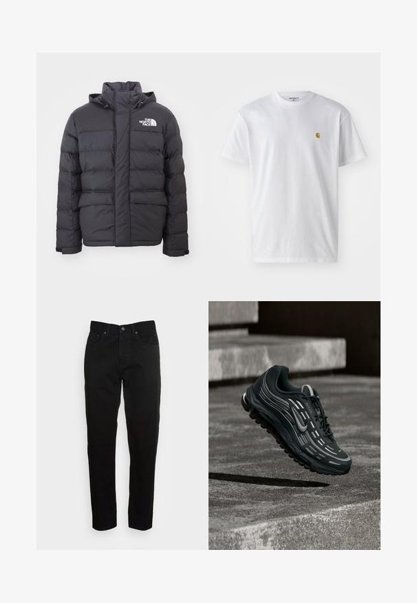 Mustaline polsterdatud jope, millel on kõrge krae ja reguleeritav kapuuts, ning millel on North Face'i logo. Kaks esistoorikut, millel on sile tekstuur.; Valge puuvillane t-särk lühikeste varrukatega, ümmargune kaelus, millel on väike kuldne logo vasakul rinnal. Pehme tekstuur ja regulaarne lõike.; Mustad slim-fit teksad, ees klappi ja viie taskuga disainiga, esitatud tasase heledashall tausta ees.; Must ja hall Nike Air Max toss hõljumas hallide betoonastmete kohal, mille taustal on tekstuuriga pinnas.