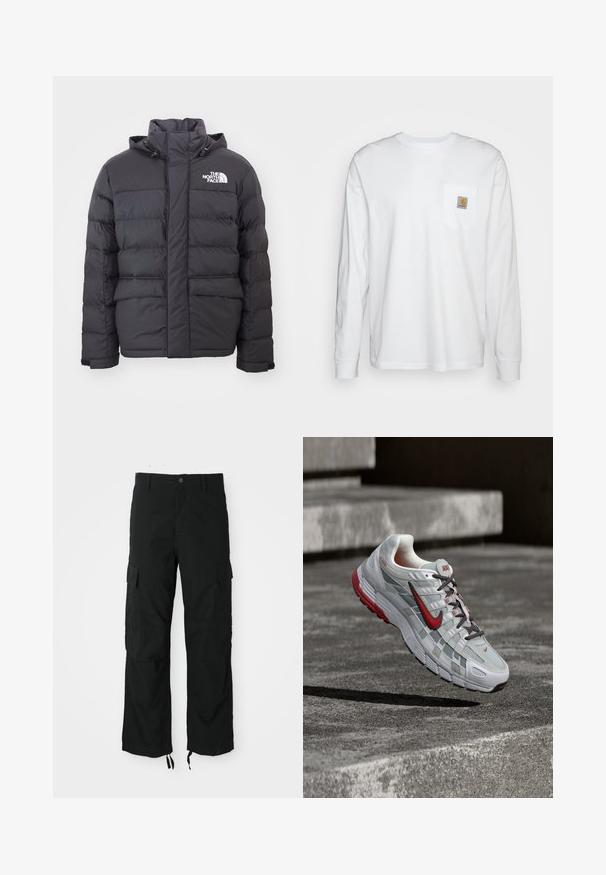 Veste rembourrée noire avec un col montant et une capuche ajustable, arborant le logo North Face. Deux poches avant avec une texture lisse.; Chemise blanche à manches longues en coton, dotée d'une poche poitrine avec un patch logo carré. Design simple avec un col arrondi et des manches à poignets.; Pantalons cargo noirs en tissu durable, comportant deux poches latérales, une fermeture à bouton et des ourlets ajustables pour un look décontracté et ample.; Chaussure de course Nike blanche et grise avec des accents rouges et des lacets noirs, suspendue au-dessus de marches en béton gris.