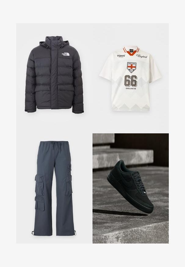 Mustaline polsterdatud jope, millel on kõrge krae ja reguleeritav kapuuts, ning millel on North Face'i logo. Kaks esistoorikut, millel on sile tekstuur.; Valge Inglismaa jalgpallimärkidega särk punaste krae triipudega, Inglismaa vapp, number 66 ja "England 66" tekst ees.; Tumed hallid cargo püksid elastse vöökoha, külgedel mitme suure taskuga ja pahkluudes reguleeritavate sääreosadega.; Must Nike Air Force 1 tossud võrgust ja nahast detailidega, hõljuvad tekstureeritud betoonastmete kohal väheses valgustuses.