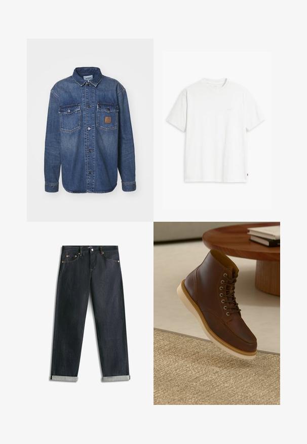 Denim overhemd met lange mouwen, middentint blauw, twee borstzakken met drukknoopjes en een bruine leren logo patch op de linkerzak.; Wit katoenen T-shirt met korte mouwen, ronde hals en een subtiel "Levi's" logo in een lichte kleur op de voorkant gedrukt.; Donkerblauwe spijkerbroek met omgeslagen boorden, vijf zakken en contrasterende stiksels, plat uitgespreid op een witte achtergrond.; Bruine leren enkelboot met beige zool op een gestructureerd beige vloerkleed naast een ronde houten tafel met opgestapelde boeken.