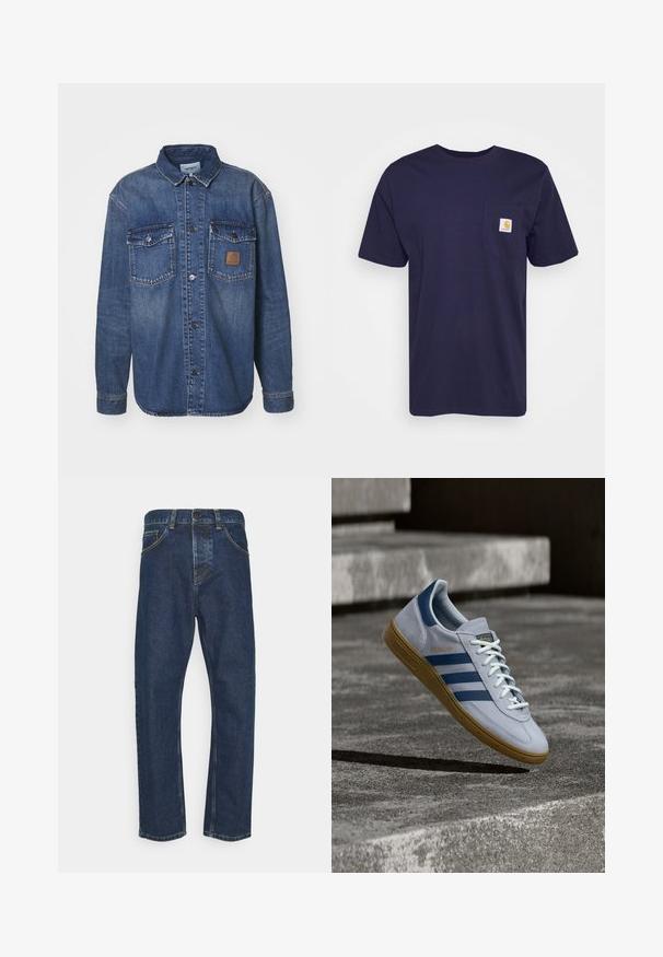 Farkkutakki pitkähihaisena, keskisininen väri, kaksi rintataskua napsupainikkeilla ja ruskea nahkalogo-ompelus vasemmassa taskussa.; Navy blue puuvillapaita, jossa on lyhyet hihat, pyöreä kaula-aukko ja vasemmassa rinnassa tasku, jossa on keltainen ja valkoinen Carhartt-logo brodeerattuna.; Tummansiniset suorat farkut etupainikkeella, vetoketjulla ja taskuilla, esiteltynä valkoista taustaa vasten.; Vaaleansiniset Adidas Spezial -lenkkarit tummansinisillä raidoin ja kumipohjalla, esitetty ilmassa betonportaiden yllä neutraalissa ulkoilmaympäristössä.