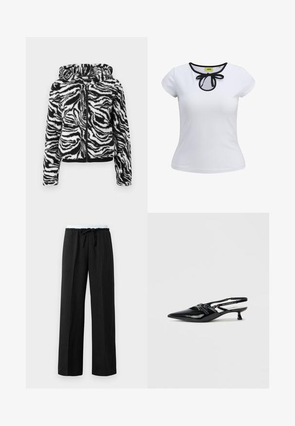 Sudadera de forro polar con estampado de cebra en blanco y negro, con cremallera en la parte delantera, puños y dobladillo elásticos. Textura suave, forrada en su totalidad, con capucha ajustable.; Camiseta blanca de manga corta con un ribete negro alrededor del escote y un detalle de lazo en el centro. Hecha de una suave tela de algodón.; Pantalones de pierna ancha a rayas negras con cinturilla elástica blanca y lazo negro ajustable en la cintura.; Zapato slingback de charol negro con puntera puntiaguda, tacón pequeño de bloque y correa ajustable con detalles recortados y acentos de logotipo.