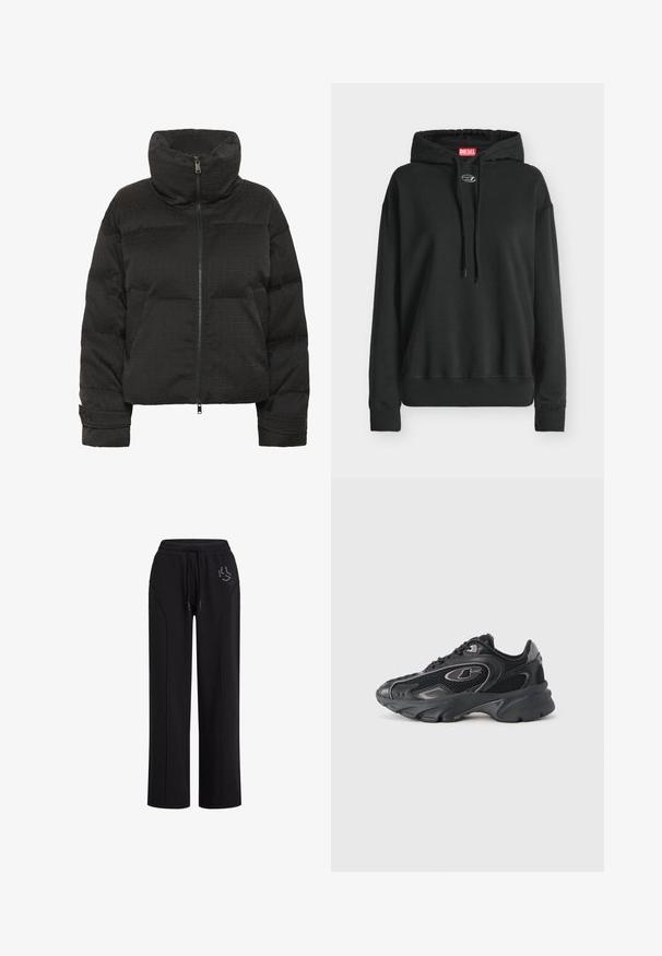 Schwarze Puffjacke mit hohem Kragen, durchgehendem Reißverschluss, gesteppter Textur und geprägtem Muster. Mit seitlichen Taschen und kürzerem Schnitt.; Schwarzer Diesel Hoodie mit langen Ärmeln, Kapuze mit Kordelzug, gerippten Bündchen und kleinem Metall-Emblem unterhalb des Halsausschnitts.; Schwarze Jogginghose mit entspannter Passform, elastischem Bund, Kordelzug und seitlichen Taschen. Mit strukturierten Akzentlinien und Logodetail.; Schwarze Sportschuhe mit Netzpaneelen, gepolstertem Schaft und strukturiertem Sohlenprofil. Verfügen über ein Logo und kontrastierende Akzente an der Seite.