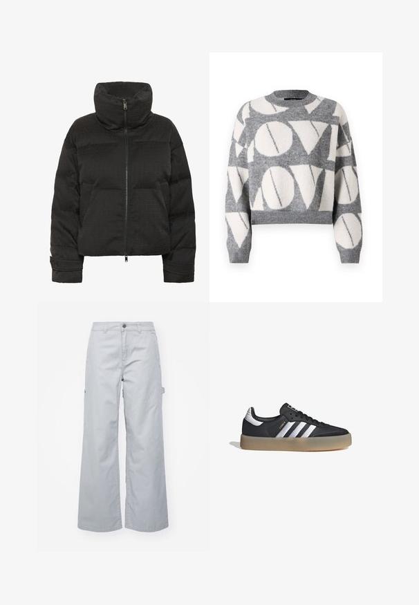 Chaqueta acolchada negra con cuello alto, cremallera completa, textura acolchada y patrón en relieve en todo su diseño. Incluye bolsillos laterales y un ajuste corto.; Vero Moda VMLOVE O NECK PULLOVER - Jersey de punto - medium grey melange/birch solid; Pantalones cargo grises de pierna ancha con cierre de botón, dos bolsillos laterales y un bolsillo con solapa. Hechos de un tejido duradero con una textura suave.; Zapatilla deportiva de cuero negro con tres rayas plateadas, punta texturizada y suela de goma. Cuenta con un collar acolchado y un diseño con cordones.