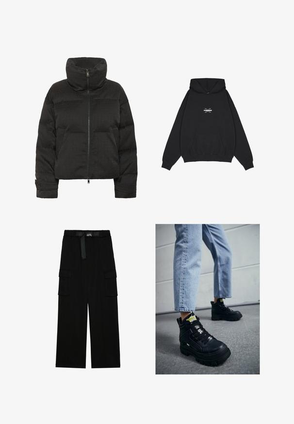 Schwarze Puffjacke mit hohem Kragen, durchgehendem Reißverschluss, gesteppter Textur und geprägtem Muster. Mit seitlichen Taschen und kürzerem Schnitt.; Pegador BELLY OVERSIZED HOODIE - Kapuzenpullover - washed black; Schwarze Cargohosen mit weitem Bein, elastischem Bund und einem Gürtel sowie zwei großen Seitentaschen für zusätzlichen Stauraum.; Schwarze High-Top-Sneaker mit einer dicken Sohle, mit Schnürdesign, Logo-Akzenten und gelben Etiketten. Tragen mit hellblauen, gekürzten Jeans.