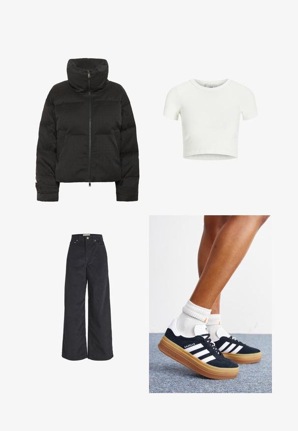 Schwarze Puffjacke mit hohem Kragen, durchgehendem Reißverschluss, gesteppter Textur und geprägtem Muster. Mit seitlichen Taschen und kürzerem Schnitt.; Weißes, kurzes T-Shirt aus geripptem Stoff. Verfügt über einen runden Halsausschnitt und kurze Ärmel. Glatte Textur mit taillierter Passform.; Schwarze, weit geschnittene Cordhosen mit vorderer Knopf- und Reißverschluss, Gürtelschlaufen sowie Vorder- und Gesäßtaschen.; Beine mit weißen Socken und schwarzen Adidas Gazelle Sneakers mit weißen Streifen und dicken braunen Sohlen auf einem grauen Teppichboden.