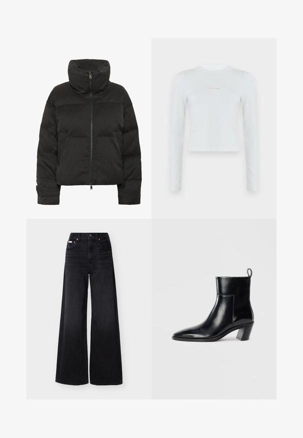 Sort oppustelig jakke med høj krave, fuld lynlås, quiltet tekstur og prægede mønster overalt. Har sidelommer og en kortet pasform.; Hvid langærmet ribstrikket cropped top med rund hals og lille Calvin Klein-logo placeret midt på brystet.; Sorte jeans med vide ben, høj talje, forreste knap og lynlås, bæltestropper og femlommedesign.; Sort læder ankelstøvle med spids tå, geometrisk stablet hæl og en løftestrop bagpå. Glat tekstur og slankt design.