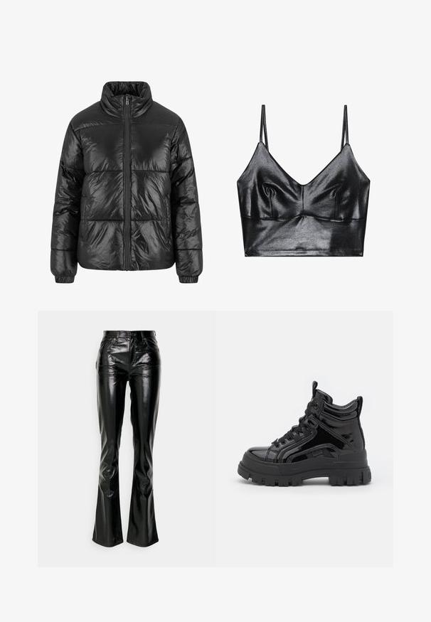 Chaqueta de plumón negra con un cuello alto, cierre de cremallera frontal y puños elásticos. La superficie tiene una textura brillante con paneles cosidos.; Bralette negro y brillante con tirantes delgados ajustables, que presenta un escote en V, textura suave y sutil fruncido en el busto para darle forma.; Gap Tall STRAIGHT PATENT - Pantalones - true black; Botas de charol negro de caña alta con suela de goma gruesa, que cuentan con un cierre de cordones en la parte delantera, cuello acolchado y detalles laterales.