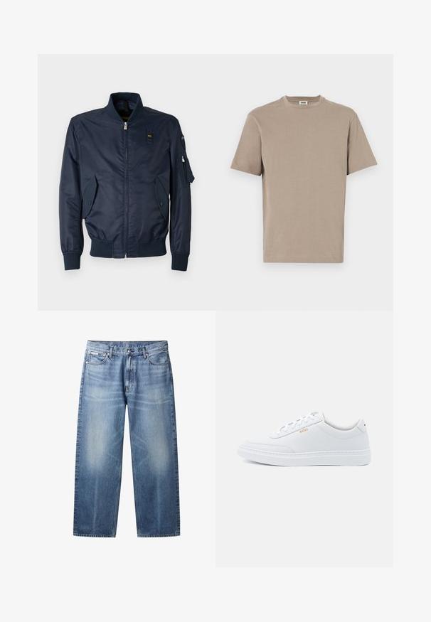 Marine bomberjack met ritsluiting, ribgebreide manchetten, twee schuine voorzakken en een utilityzak op de linker mouw. Glad textile afwerking.; Beige katoenen t-shirt met een ronde hals, korte mouwen en een rechte zoom. Vlotte textuur, minimalistisch ontwerp, geen zichtbare graphics of accenten.; Lichtblauwe rechte jeans met vervaagde plekken, vijf zakken, knoopsluiting en Calvin Klein-label op de rechter voorzak.; Witte leren sneakers met een gladde textuur, ronde neus en tonale stiksels. Voorzien van blauwe veters en een gouden logo op de zijkant.