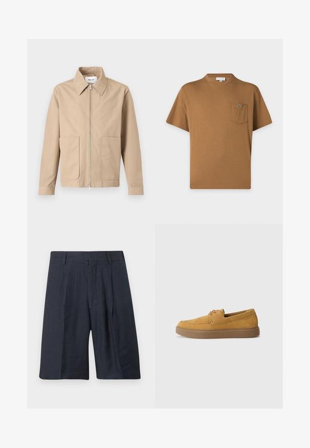 Veste beige à fermeture éclair avec col pointu, manches longues et deux poches avant, présentée sur un fond uni.; T-shirt marron à manches courtes avec une petite poche poitrine présentant un logo crocodile vert et un col rond.; Shorts bleu marine ajustés arrivant au genou, avec passants pour ceinture, plis devant et fermeture éclair frontale dissimulée.; Chaussures slip-on en suède marron avec une finition texturée, un bout rond et une semelle en caoutchouc contrastante. Présente une marque discrète près du talon.