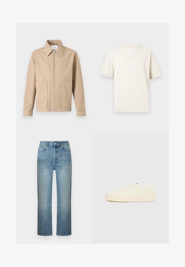 Veste beige à fermeture éclair avec col pointu, manches longues et deux poches avant, présentée sur un fond uni.; T-shirt à manches courtes, col rond de couleur crème avec un logo discret embossé sur la poitrine, présenté sur un fond gris clair.; Jean droit en denim bleu clair avec fermeture avant par bouton et fermeture éclair, passants de ceinture et style cinq poches.; Baskets couleur crème avec une tige en cuir lisse, bout arrondi, laçage à l'avant et semelle en caoutchouc texturée. Design minimaliste, sans logo.
