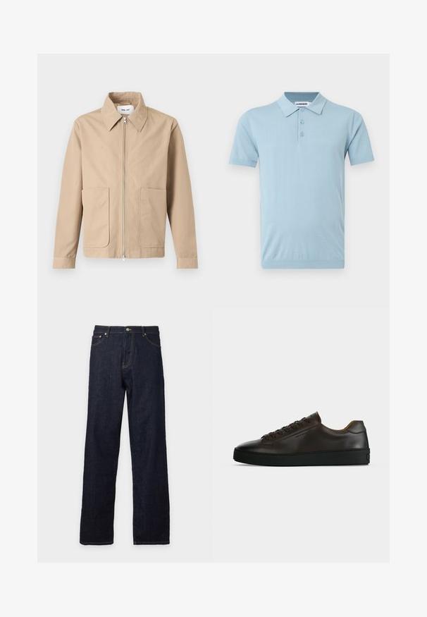 Veste beige à fermeture éclair avec col pointu, manches longues et deux poches avant, présentée sur un fond uni.; Polo bleu clair à manches courtes avec trois boutons et col, arborant une broderie discrète du logo sur la poitrine gauche.; Jean droit en denim bleu foncé avec fermeture avant par bouton et fermeture éclair, passants de ceinture et coutures visibles sur les poches et les coutures.; Baskets basses en cuir marron foncé avec semelle en caoutchouc noire, lacets à l'avant et design minimaliste épuré sur fond clair.