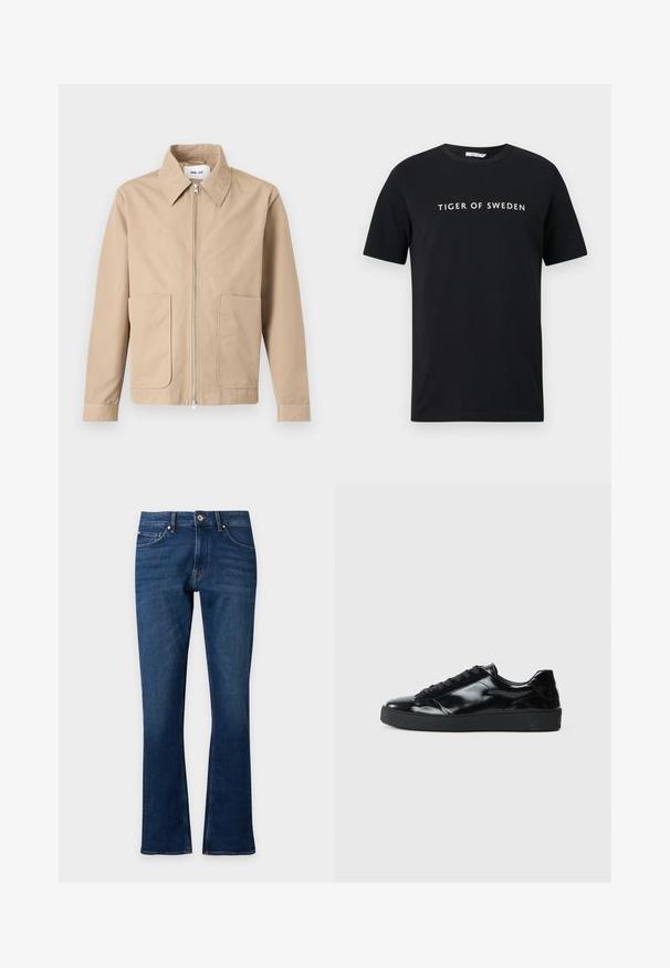 Veste beige à fermeture éclair avec col pointu, manches longues et deux poches avant, présentée sur un fond uni.; T-shirt noir à manches courtes et col rond avec le texte blanc "TIGER OF SWEDEN" centré sur la poitrine, sur un fond uni.; Jeans en denim bleu foncé avec une légère évasement, fermeture à boutons et zip devant, et design classique à cinq poches.; Baskets en cuir verni noir avec un bout arrondi, un laçage, une semelle en caoutchouc texturé et une finition lisse.