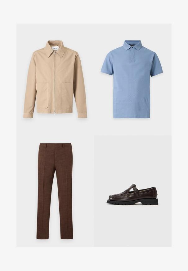 Veste beige à fermeture éclair avec col pointu, manches longues et deux poches avant, présentée sur un fond uni.; Polo bleu clair à manches courtes en tissu texturé, col classique et un seul bouton noir au niveau du col.; Pantalon de costume marron avec passants pour ceinture et coupe droite, présenté sur un fond blanc.; Hereu SOLLER - Chaussons - dark brown