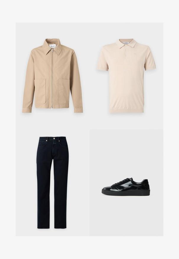 Veste beige à fermeture éclair avec col pointu, manches longues et deux poches avant, présentée sur un fond uni.; Polo beige à manches courtes avec col, trois boutons et logo de marque discret sur le côté gauche de la poitrine sur un fond uni.; Jean en denim bleu foncé à jambes droites avec poches avant et fermeture par bouton et zip sur un fond clair uni.; Baskets en cuir verni noir avec un bout arrondi, un laçage, une semelle en caoutchouc texturé et une finition lisse.